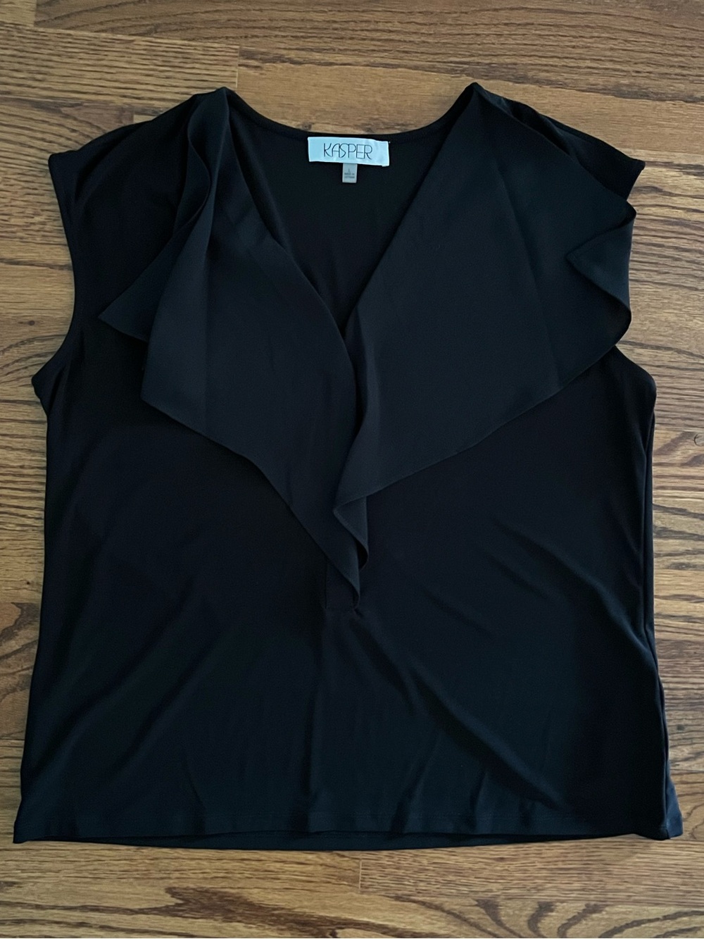 Kasper Black Ruffle V-Neck Sleeveless Blouse
